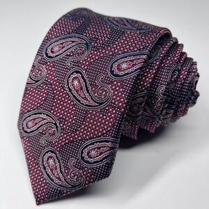 Broletto Silk Men's Skinny Necktie Jacquard Paisley Red Navy‎